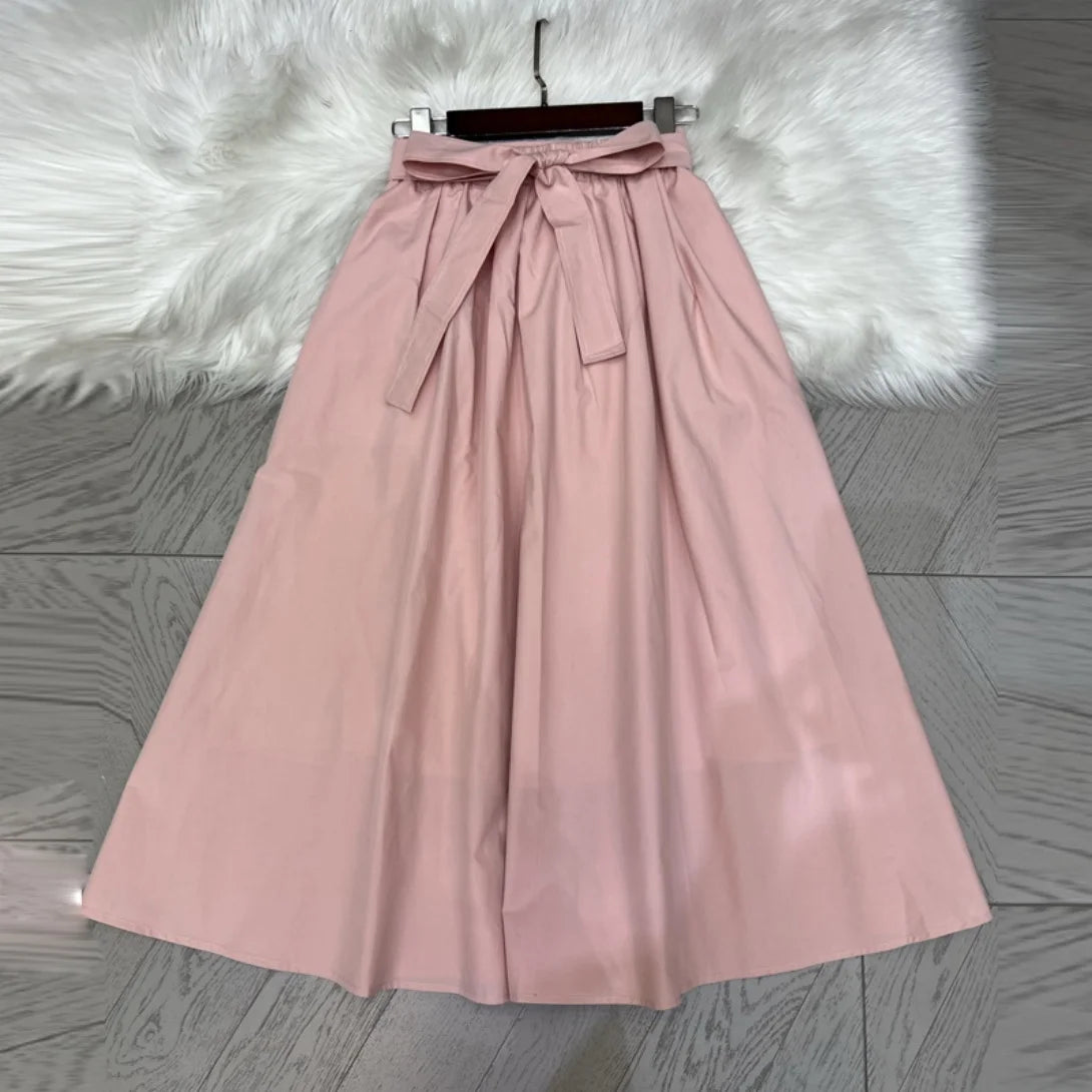 Women's Summer New Lotus Pink Belted A-Line Flared Skirt