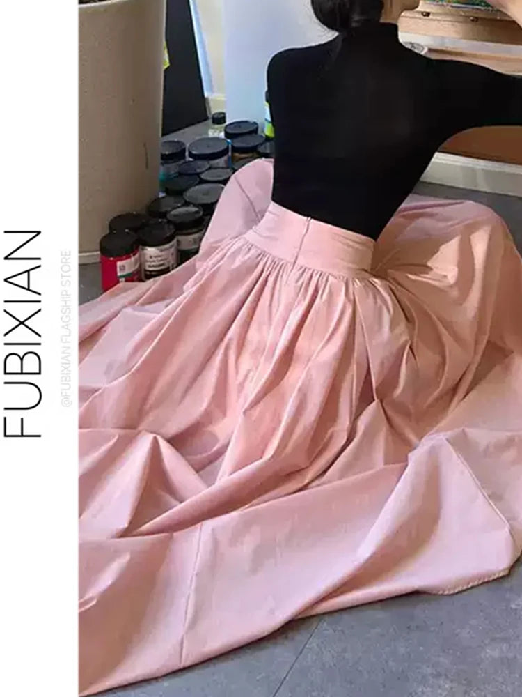 Elegant Pink High Waist Pleated  Skirt Women's Summer Slimming Gentle Waist Cinching Umbrella Skirt Long Skirt