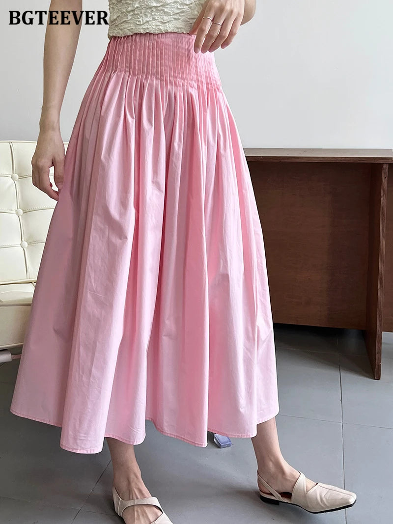 BGTEEVER Spring Summer Elastic Waist Ladies A-line Skirts Stylish Loose Women Pleated Skirts