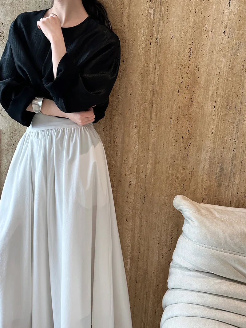 2025 Fall New French High-End Pink Midi Skirt with Large A-Line Pleats Solid Skirt