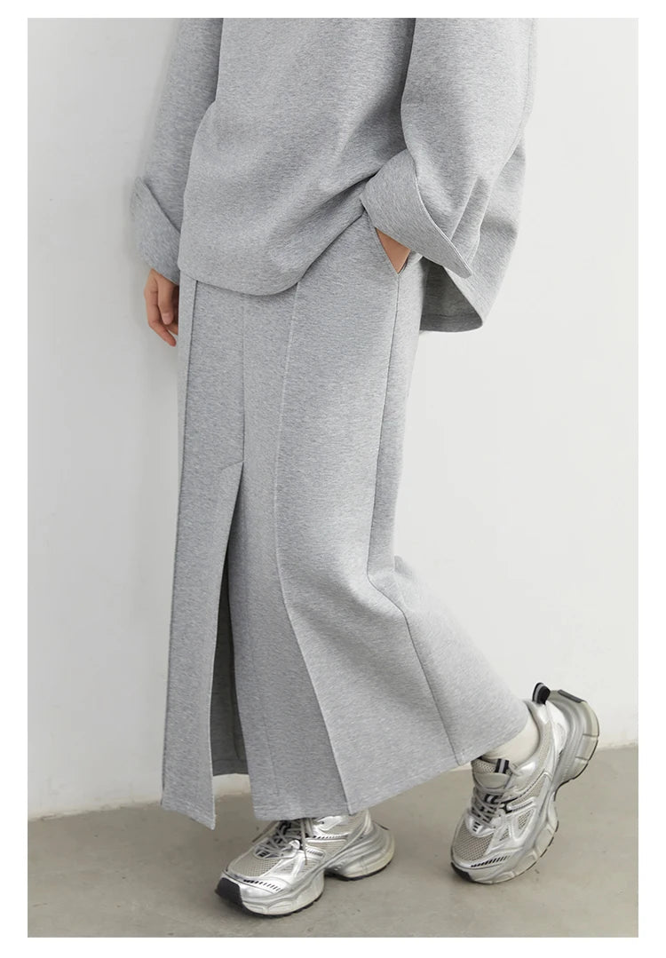 CHIC VEN Women Sweatshirts Loose Casual Solid Color Round Neck Long Sleeve Hoodies Coat Split Skirt Set Spring Summer 2025