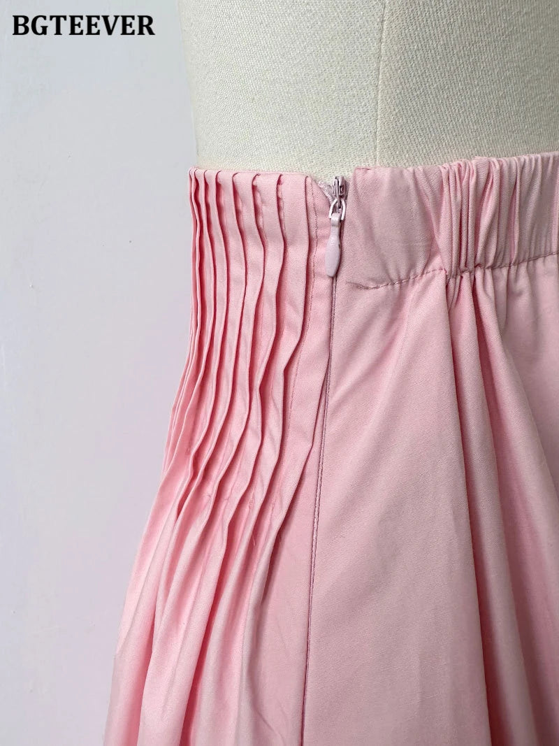 BGTEEVER Spring Summer Elastic Waist Ladies A-line Skirts Stylish Loose Women Pleated Skirts