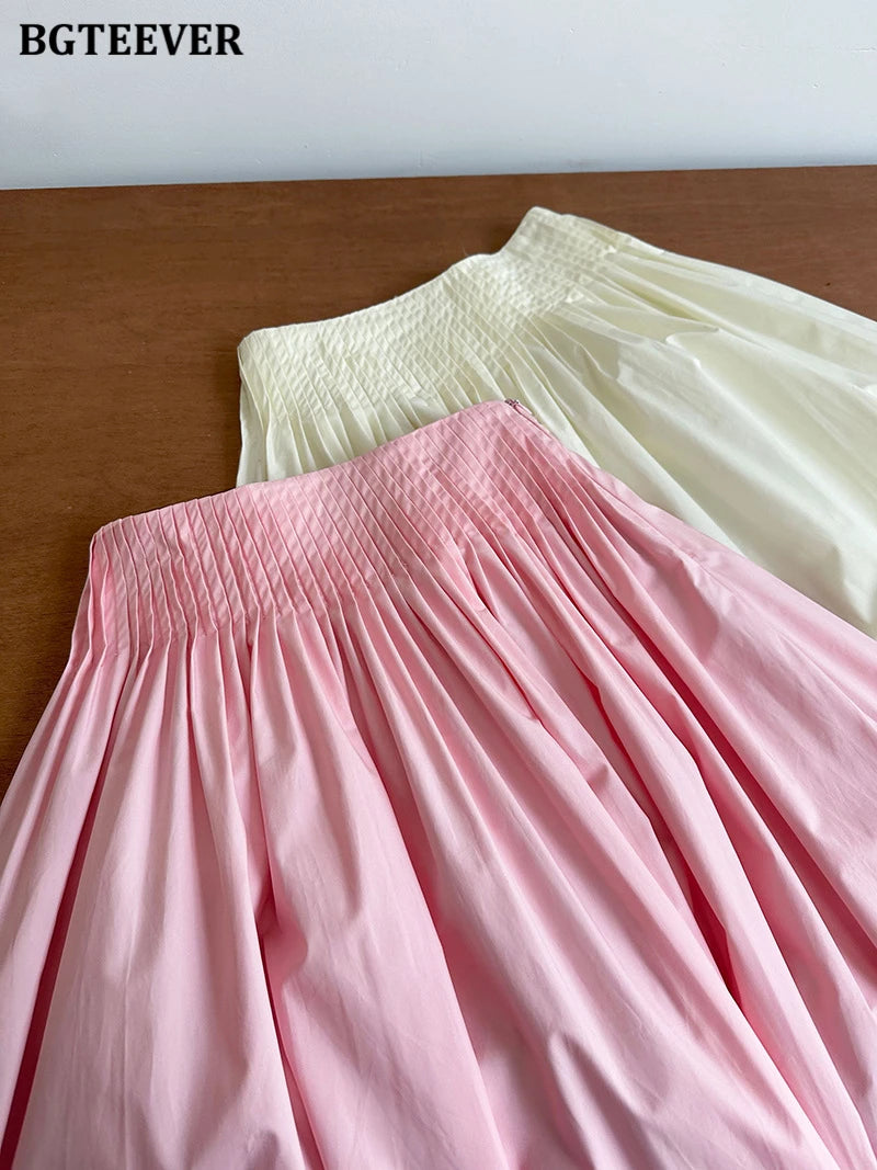 BGTEEVER Spring Summer Elastic Waist Ladies A-line Skirts Stylish Loose Women Pleated Skirts