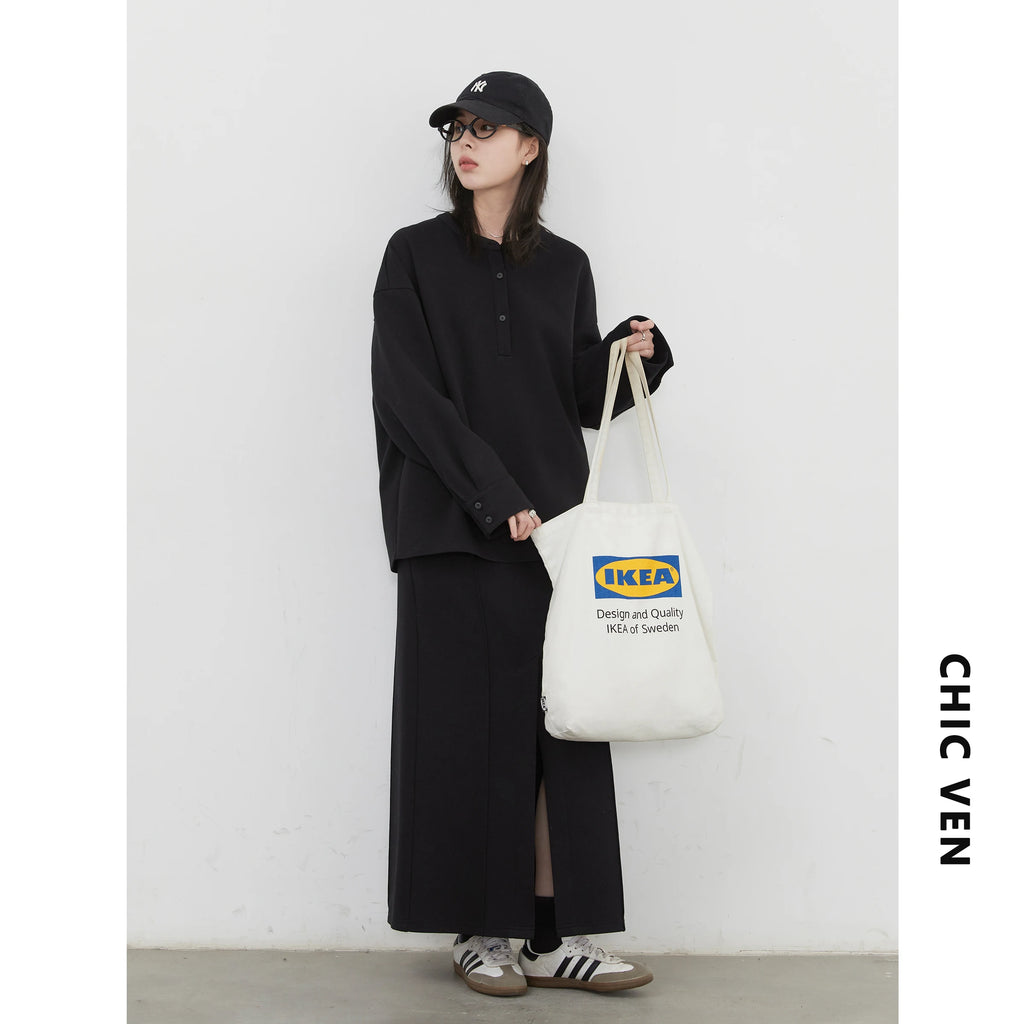 CHIC VEN Women Sweatshirts Loose Casual Solid Color Round Neck Long Sleeve Hoodies Coat Split Skirt Set Spring Summer 2025
