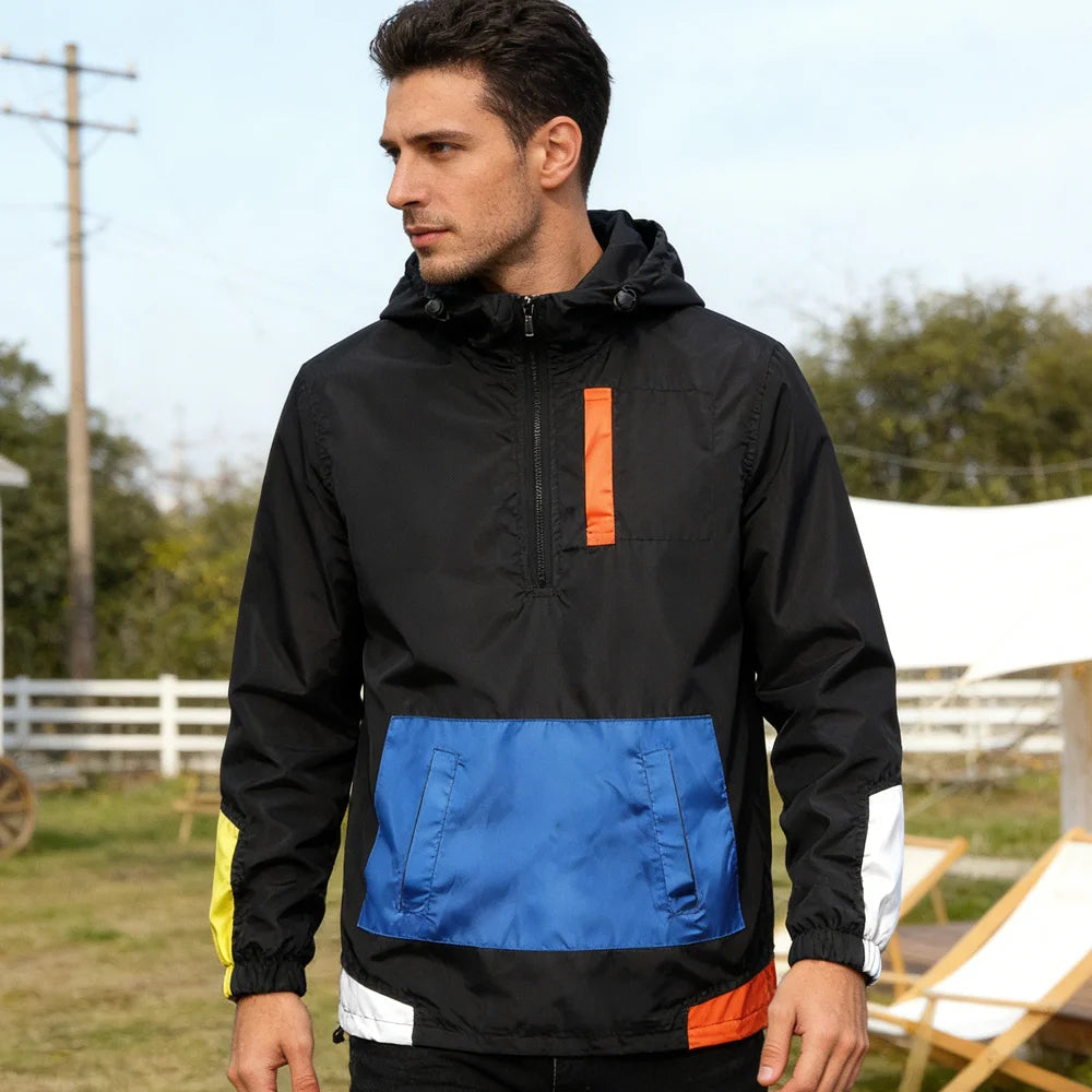 Spring Autumn Men Anorak Jackets Fashion Man Half Zip Streetwear Hip Hop Hooded Coats Men Loose Windbreaker Waterproof Jackets