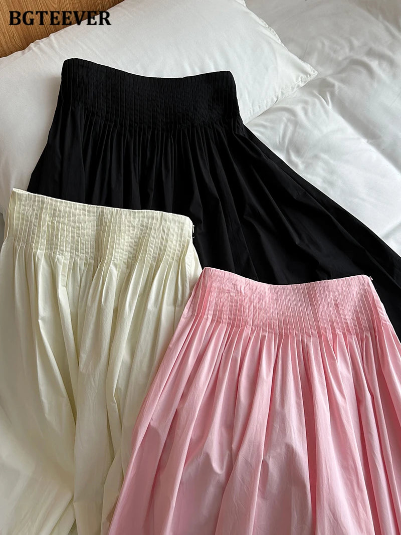 BGTEEVER Spring Summer Elastic Waist Ladies A-line Skirts Stylish Loose Women Pleated Skirts