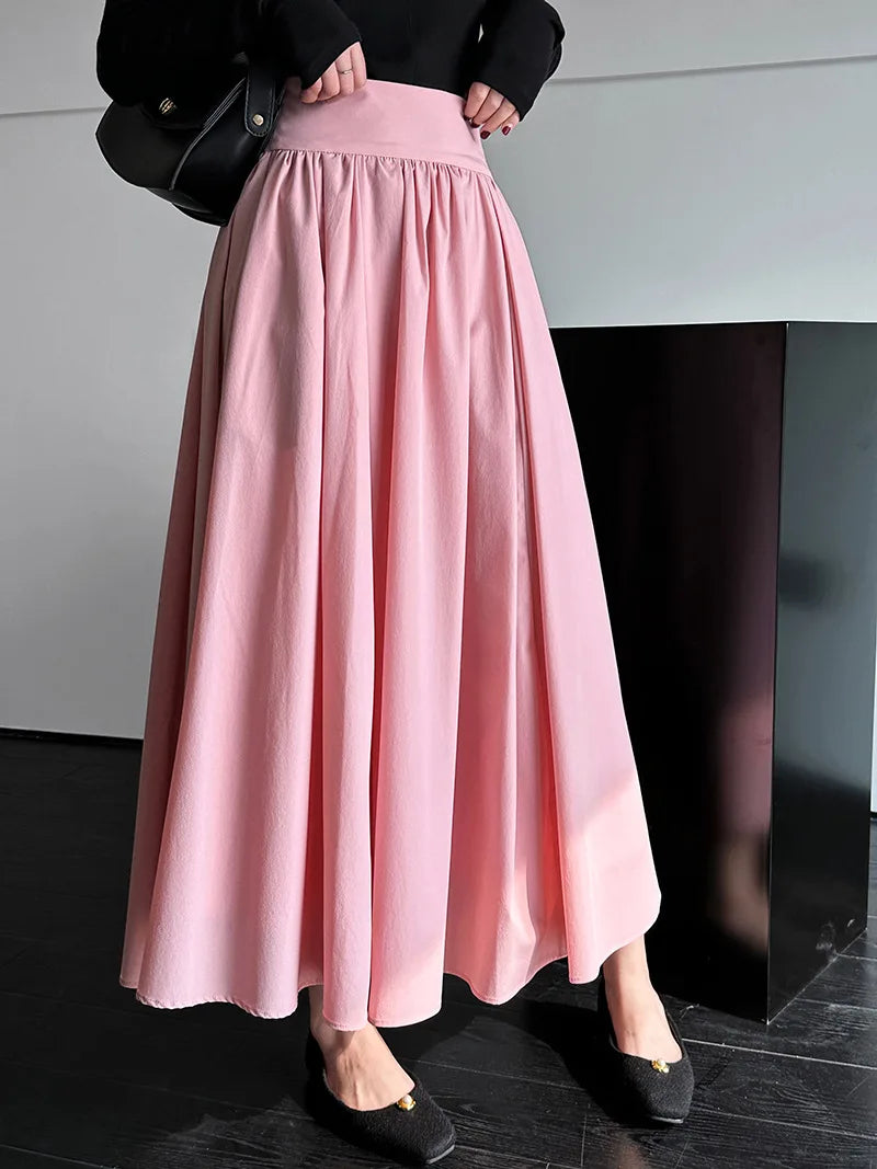 2025 Fall New French High-End Pink Midi Skirt with Large A-Line Pleats Solid Skirt