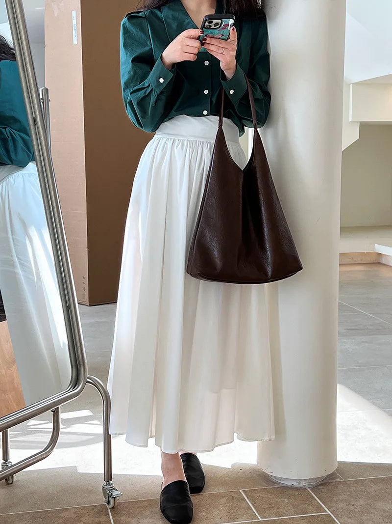 2025 Fall New French High-End Pink Midi Skirt with Large A-Line Pleats Solid Skirt