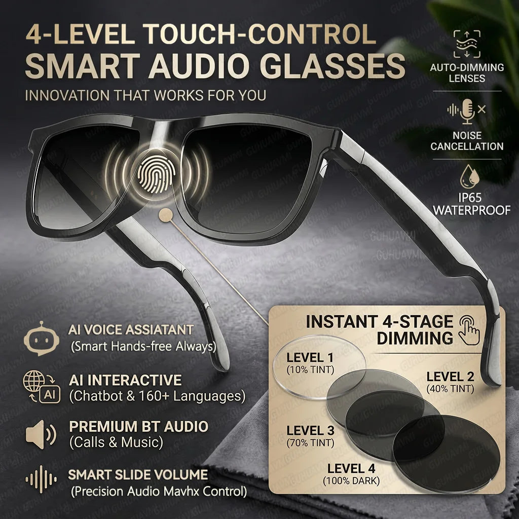 New Bluetooth Audio Smart Glasses AI Translation Auto Color Change Lens Slide Volume Dual Mic Handsfree Call Music Glasses