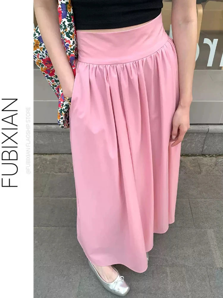 Elegant Pink High Waist Pleated  Skirt Women's Summer Slimming Gentle Waist Cinching Umbrella Skirt Long Skirt