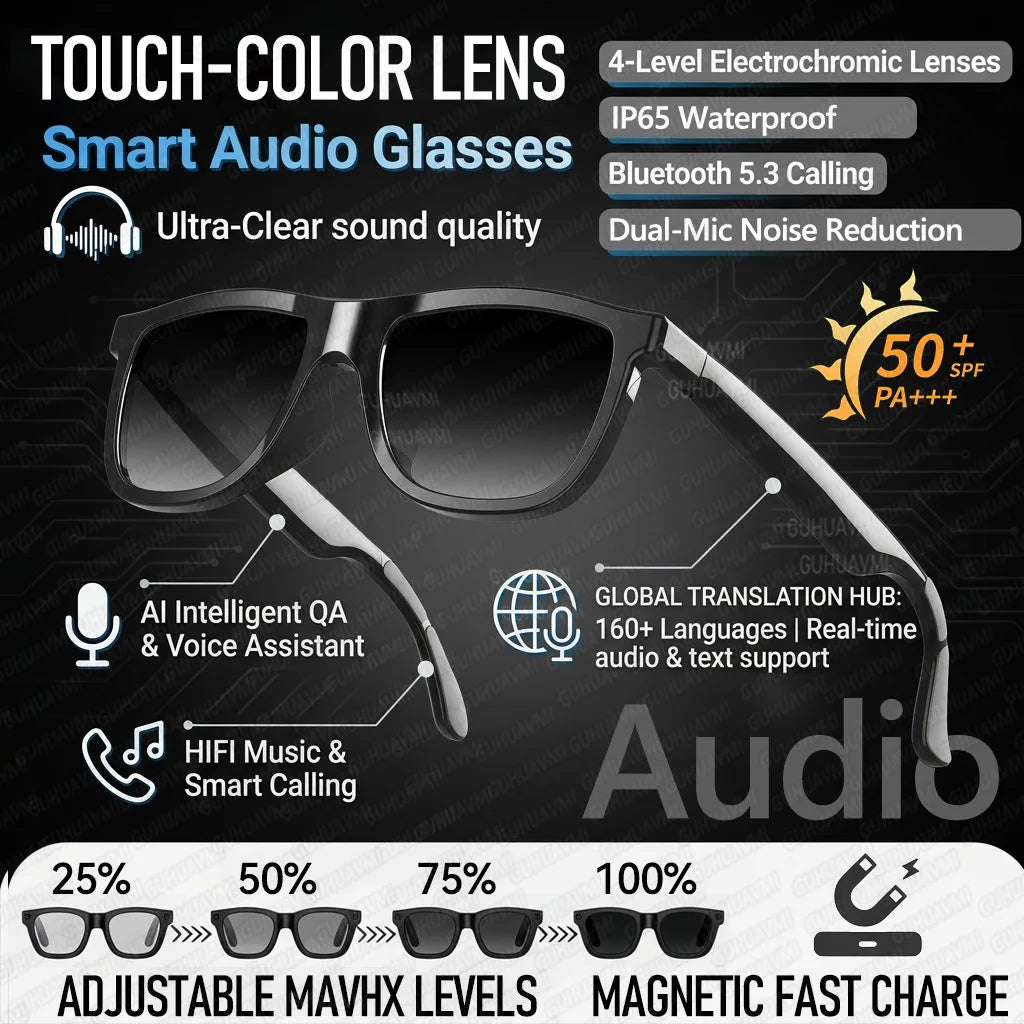 New Touch-Color Change Smart Audio Glasses Men AI Video Translation Bluetooth Call Dual Mic Noise Reduction Waterproof Glasses