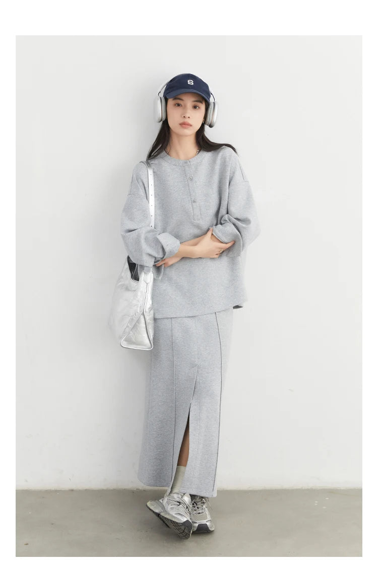 CHIC VEN Women Sweatshirts Loose Casual Solid Color Round Neck Long Sleeve Hoodies Coat Split Skirt Set Spring Summer 2025