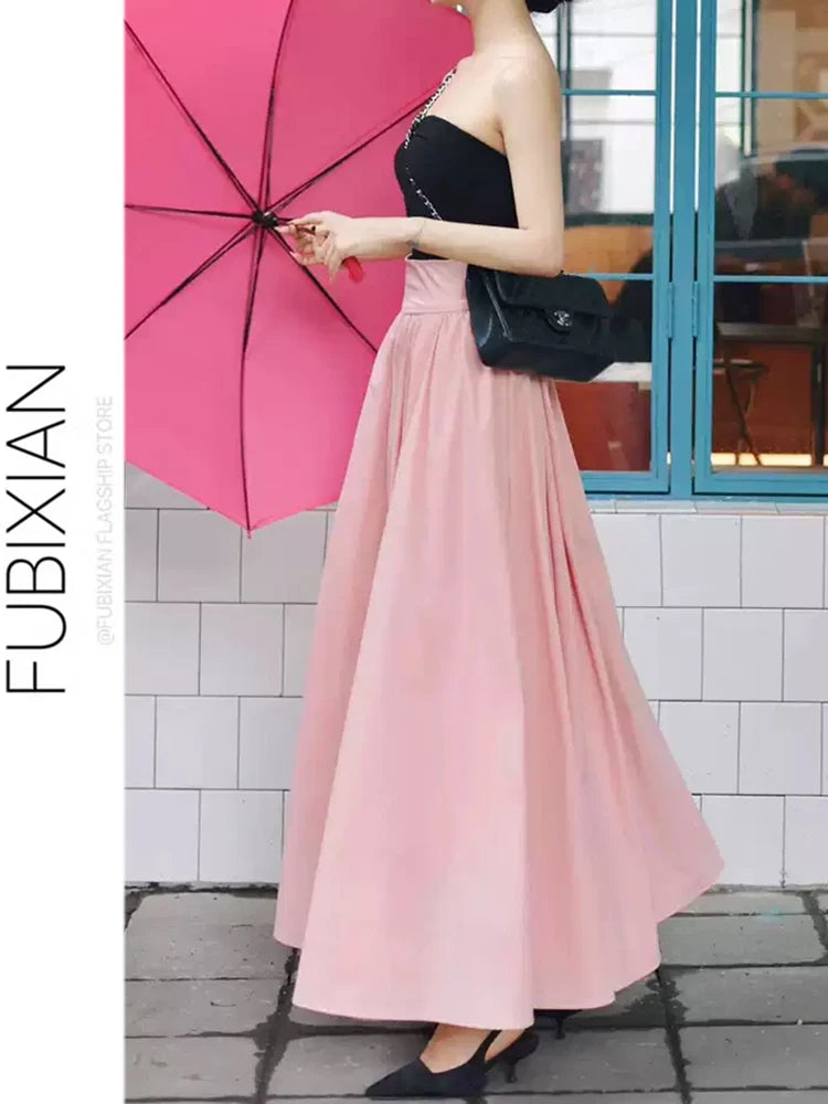 Elegant Pink High Waist Pleated  Skirt Women's Summer Slimming Gentle Waist Cinching Umbrella Skirt Long Skirt