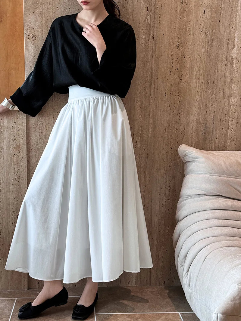 2025 Fall New French High-End Pink Midi Skirt with Large A-Line Pleats Solid Skirt