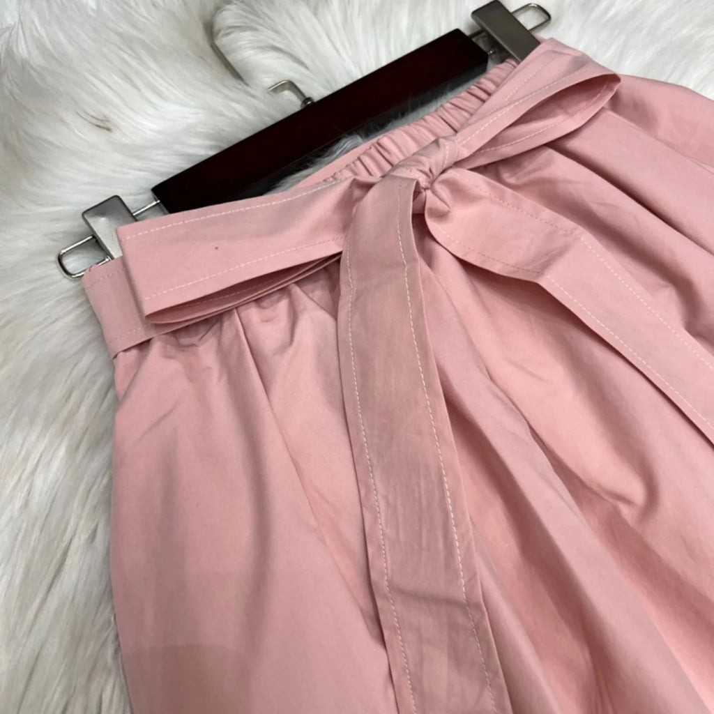 Women's Summer New Lotus Pink Belted A-Line Flared Skirt