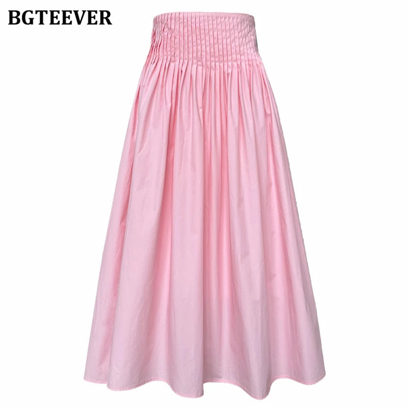 BGTEEVER Spring Summer Elastic Waist Ladies A-line Skirts Stylish Loose Women Pleated Skirts