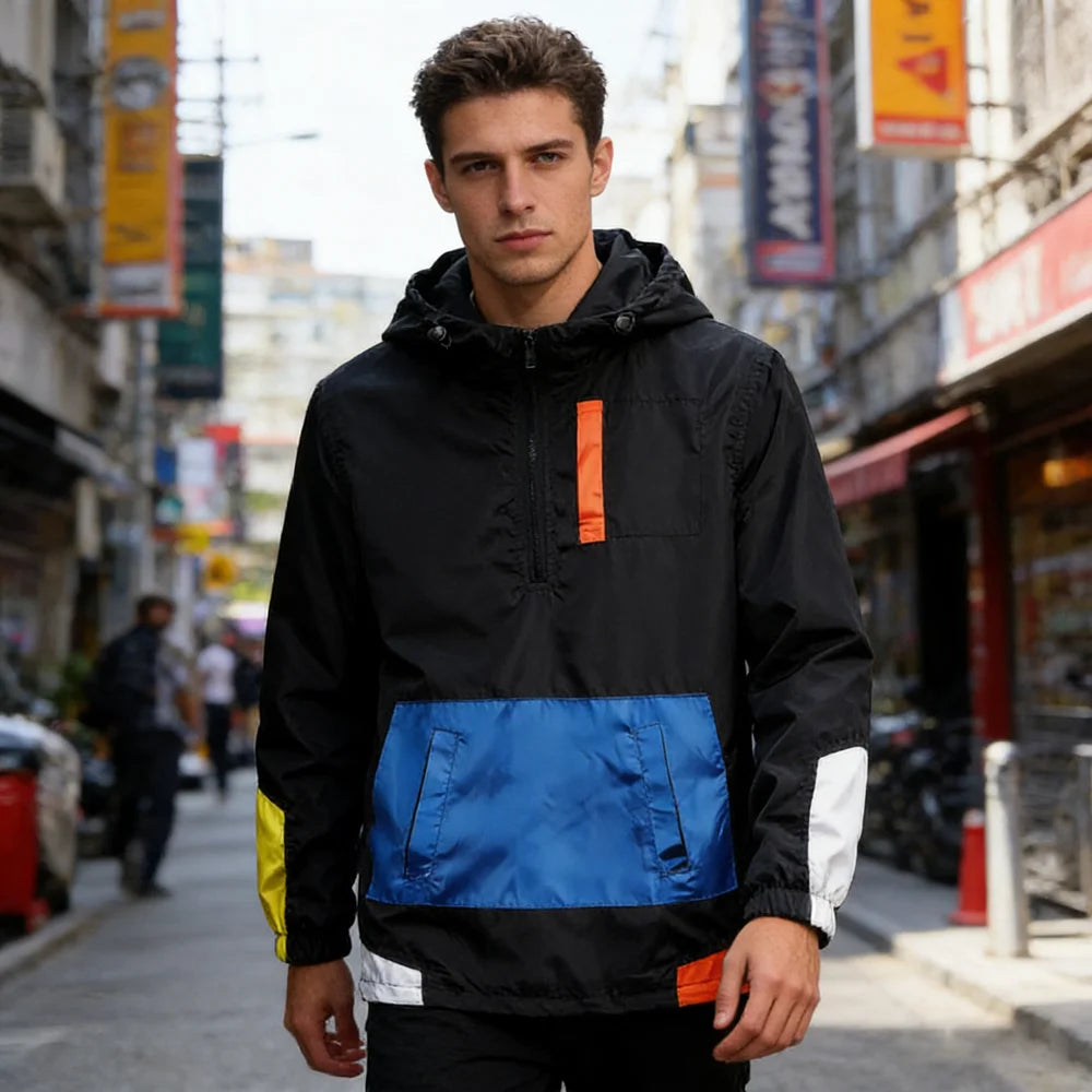 Spring Autumn Men Anorak Jackets Fashion Man Half Zip Streetwear Hip Hop Hooded Coats Men Loose Windbreaker Waterproof Jackets