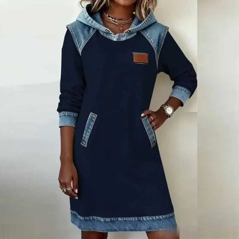 Retro Denim Contrast Hoodies Sweatshirt Dress Woman Casual Patchwork Hooded Pullover Dress Autumn Long Sleeve Pocket Party Dress