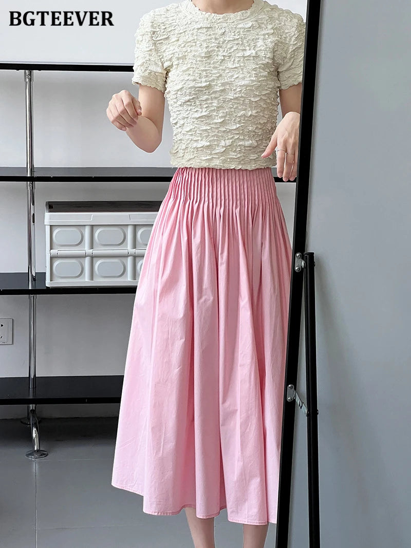 BGTEEVER Spring Summer Elastic Waist Ladies A-line Skirts Stylish Loose Women Pleated Skirts