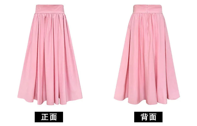 2025 Fall New French High-End Pink Midi Skirt with Large A-Line Pleats Solid Skirt