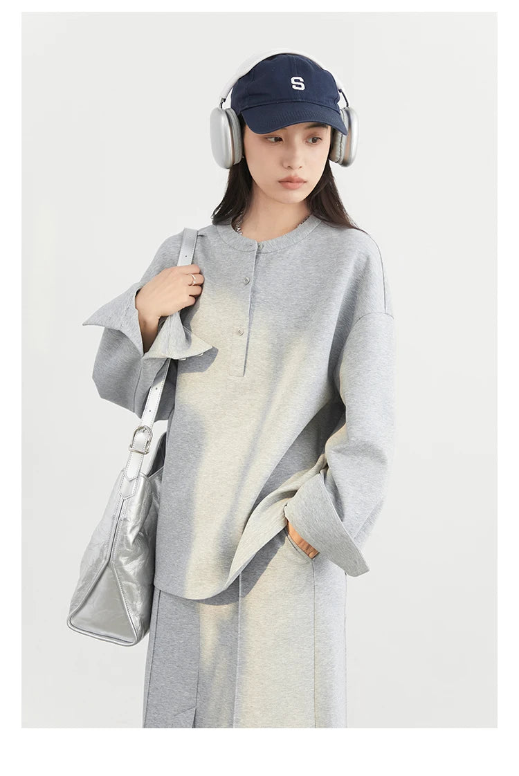 CHIC VEN Women Sweatshirts Loose Casual Solid Color Round Neck Long Sleeve Hoodies Coat Split Skirt Set Spring Summer 2025