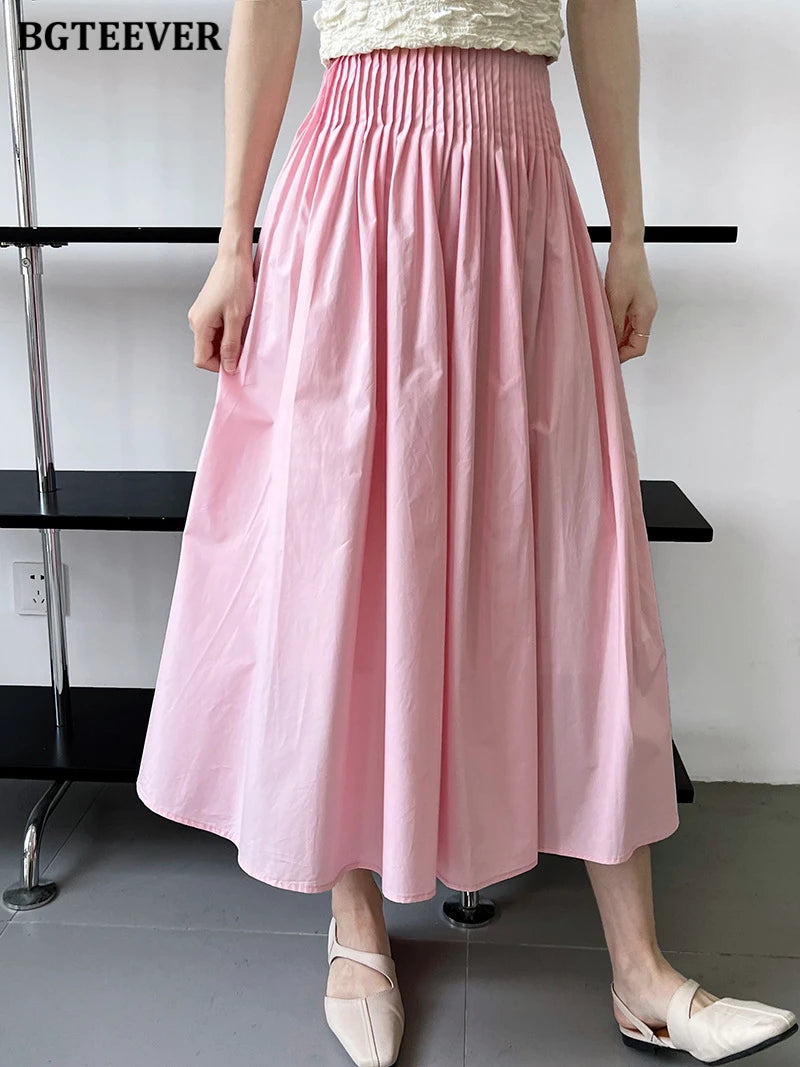 BGTEEVER Spring Summer Elastic Waist Ladies A-line Skirts Stylish Loose Women Pleated Skirts