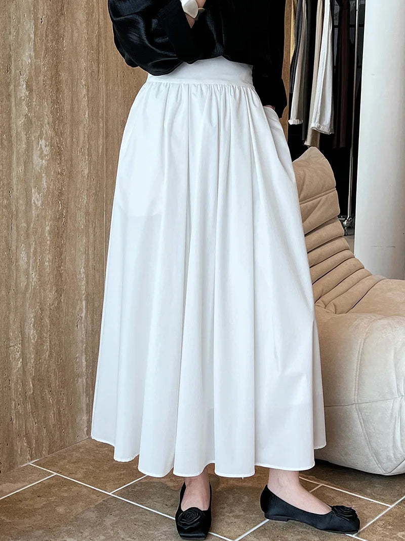 2025 Fall New French High-End Pink Midi Skirt with Large A-Line Pleats Solid Skirt