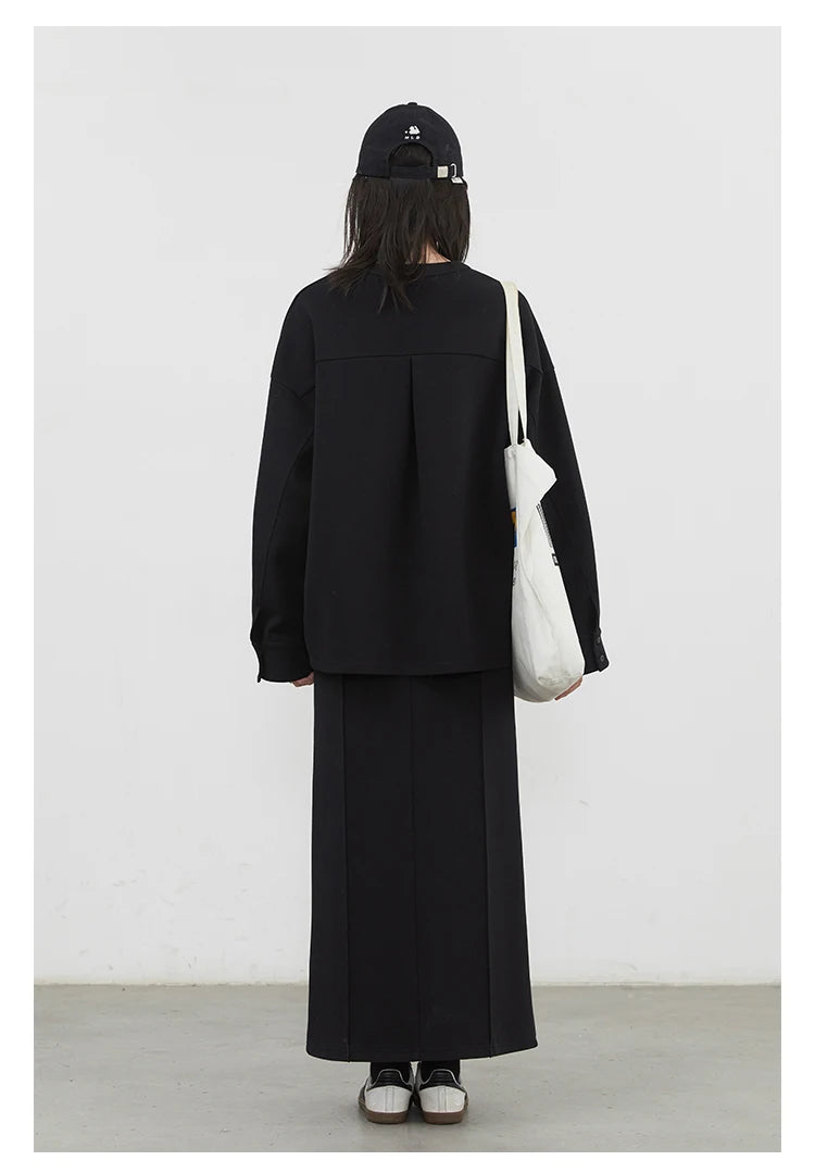 CHIC VEN Women Sweatshirts Loose Casual Solid Color Round Neck Long Sleeve Hoodies Coat Split Skirt Set Spring Summer 2025