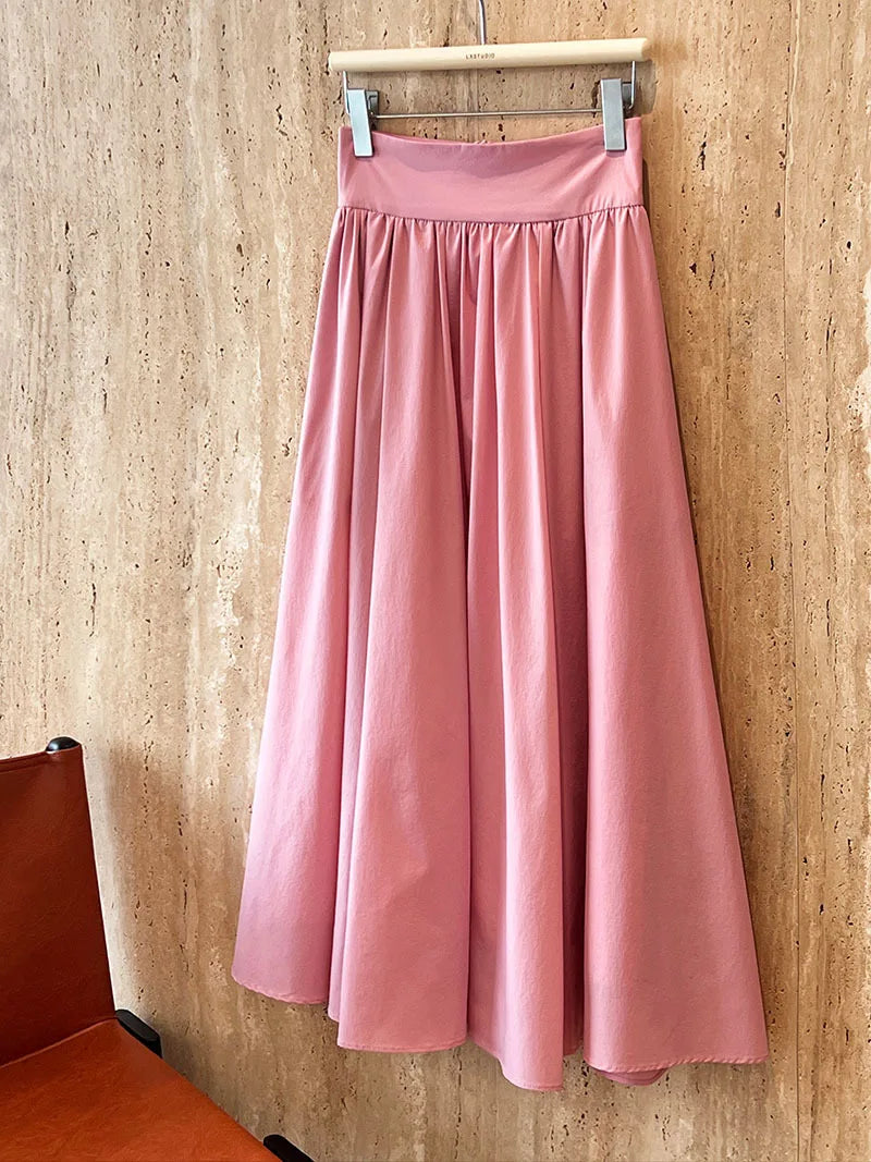 2025 Fall New French High-End Pink Midi Skirt with Large A-Line Pleats Solid Skirt