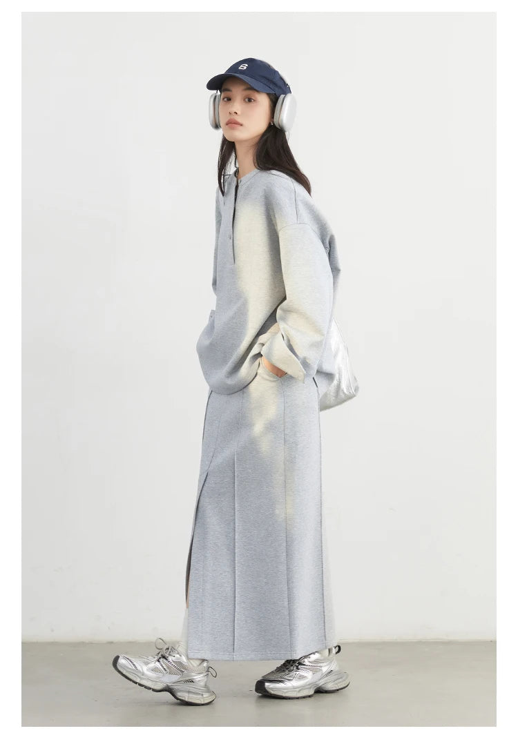 CHIC VEN Women Sweatshirts Loose Casual Solid Color Round Neck Long Sleeve Hoodies Coat Split Skirt Set Spring Summer 2025
