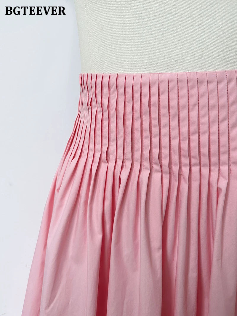 BGTEEVER Spring Summer Elastic Waist Ladies A-line Skirts Stylish Loose Women Pleated Skirts