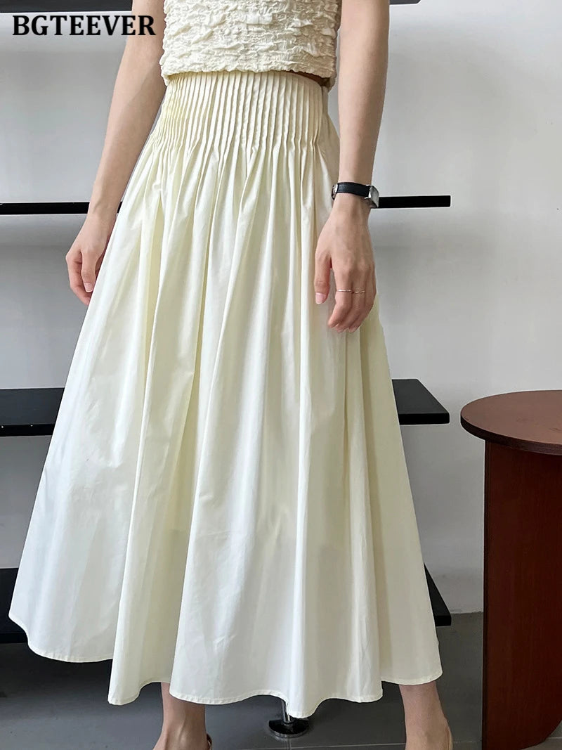 BGTEEVER Spring Summer Elastic Waist Ladies A-line Skirts Stylish Loose Women Pleated Skirts