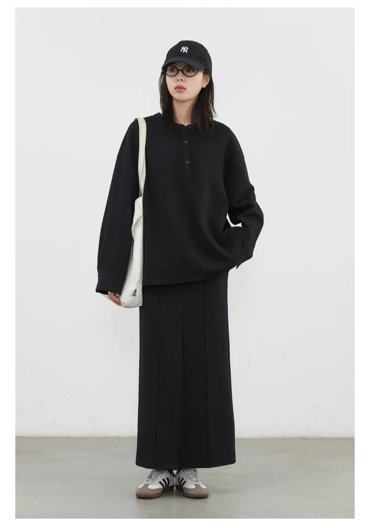 CHIC VEN Women Sweatshirts Loose Casual Solid Color Round Neck Long Sleeve Hoodies Coat Split Skirt Set Spring Summer 2025