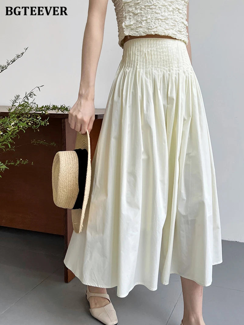 BGTEEVER Spring Summer Elastic Waist Ladies A-line Skirts Stylish Loose Women Pleated Skirts