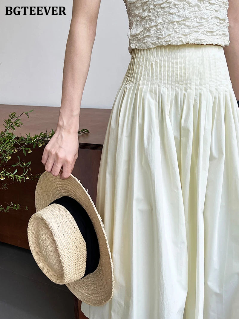 BGTEEVER Spring Summer Elastic Waist Ladies A-line Skirts Stylish Loose Women Pleated Skirts