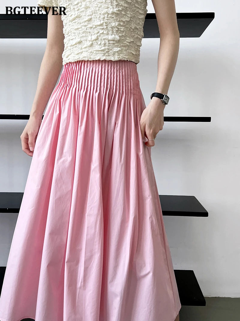 BGTEEVER Spring Summer Elastic Waist Ladies A-line Skirts Stylish Loose Women Pleated Skirts