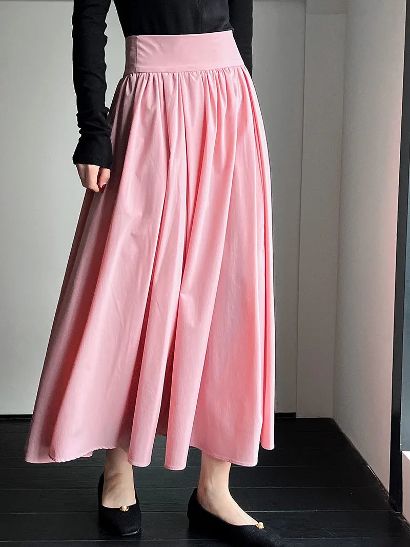 2025 Fall New French High-End Pink Midi Skirt with Large A-Line Pleats Solid Skirt
