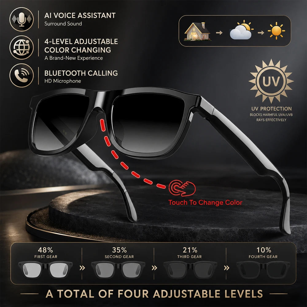 Experience Smart Style With Electrochromic Glasses Magnetic Charging Touch Color Switch Calls Music And Premium Audio Freedom
