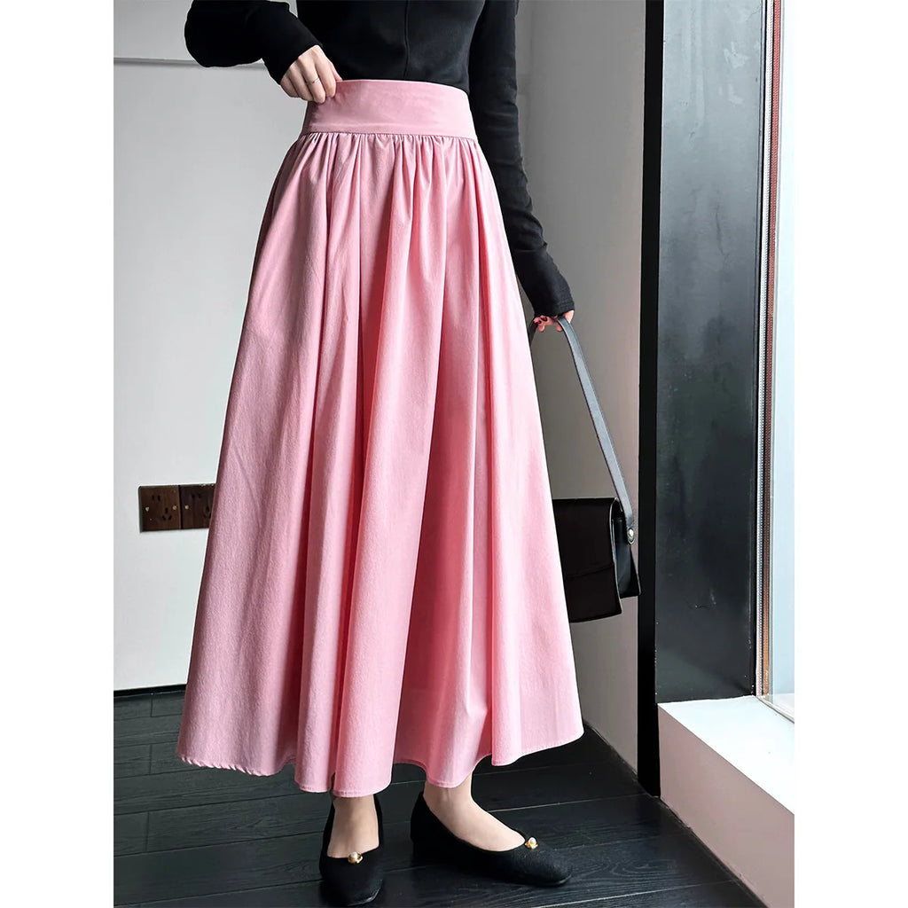 2025 Fall New French High-End Pink Midi Skirt with Large A-Line Pleats Solid Skirt