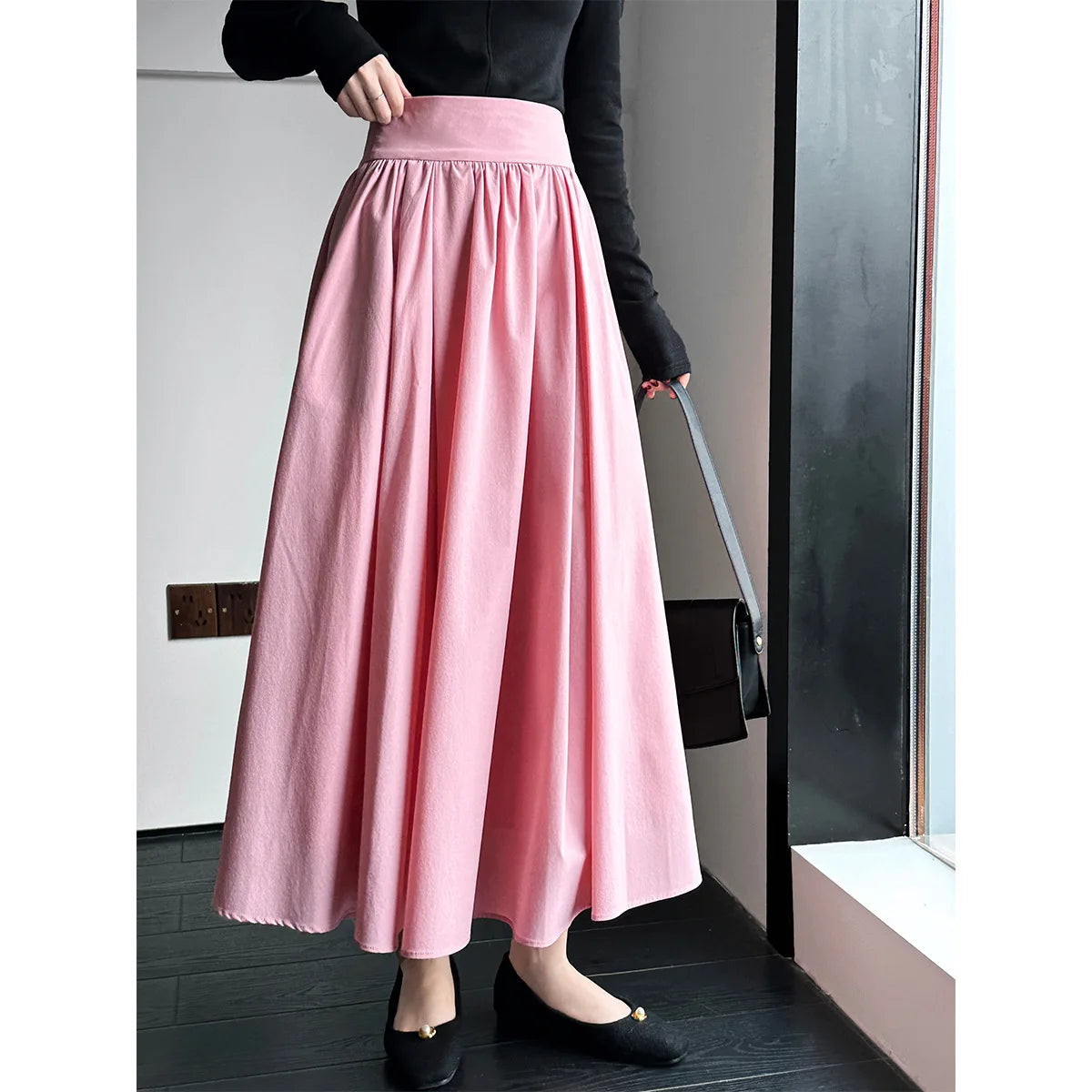 2025 Fall New French High-End Pink Midi Skirt with Large A-Line Pleats Solid Skirt