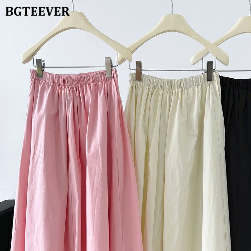 BGTEEVER Spring Summer Elastic Waist Ladies A-line Skirts Stylish Loose Women Pleated Skirts