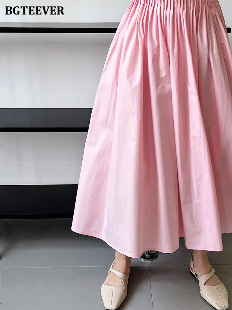 BGTEEVER Spring Summer Elastic Waist Ladies A-line Skirts Stylish Loose Women Pleated Skirts