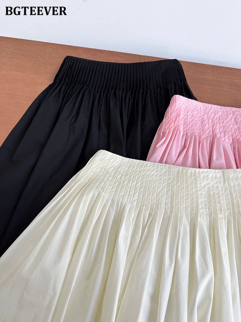 BGTEEVER Spring Summer Elastic Waist Ladies A-line Skirts Stylish Loose Women Pleated Skirts