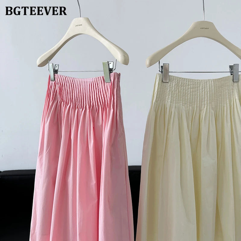 BGTEEVER Spring Summer Elastic Waist Ladies A-line Skirts Stylish Loose Women Pleated Skirts