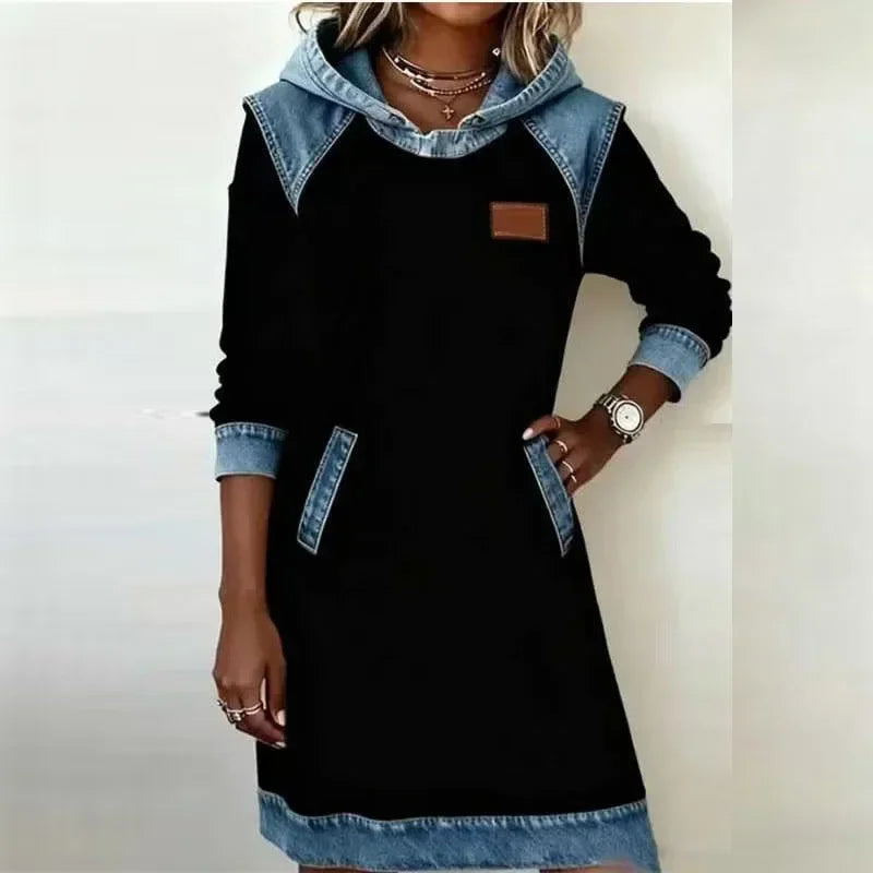 Retro Denim Contrast Hoodies Sweatshirt Dress Woman Casual Patchwork Hooded Pullover Dress Autumn Long Sleeve Pocket Party Dress