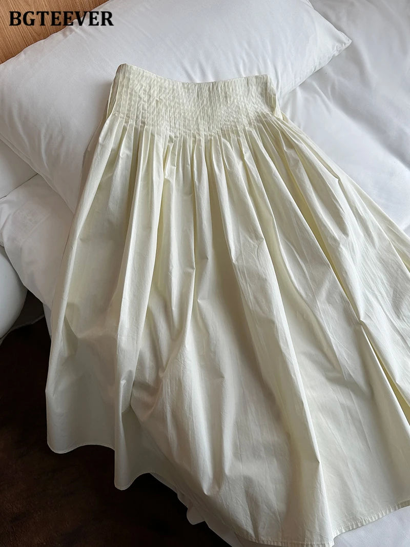 BGTEEVER Spring Summer Elastic Waist Ladies A-line Skirts Stylish Loose Women Pleated Skirts