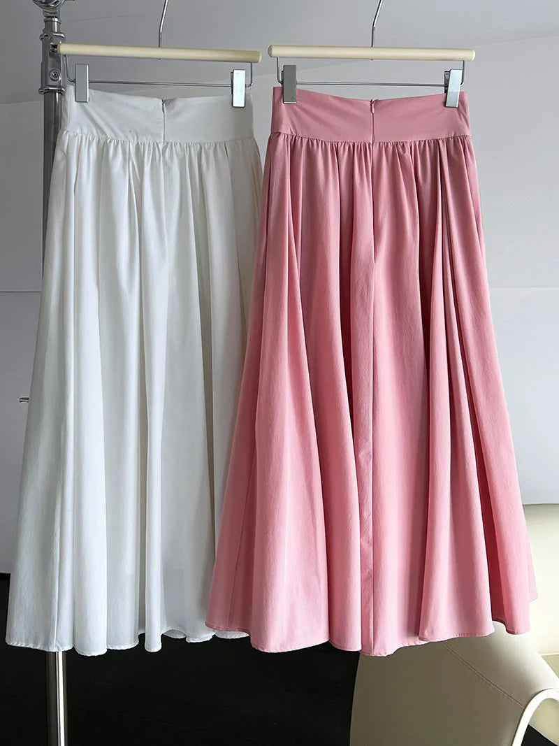 2025 Fall New French High-End Pink Midi Skirt with Large A-Line Pleats Solid Skirt
