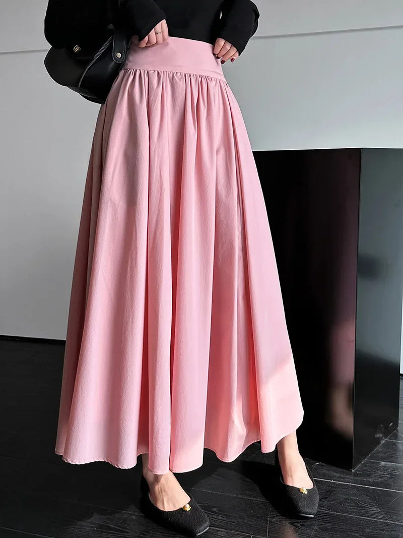 Summer New Casual Pink A-Line Pleated Skirt Women's Fashion Breathable Comfortable Materials