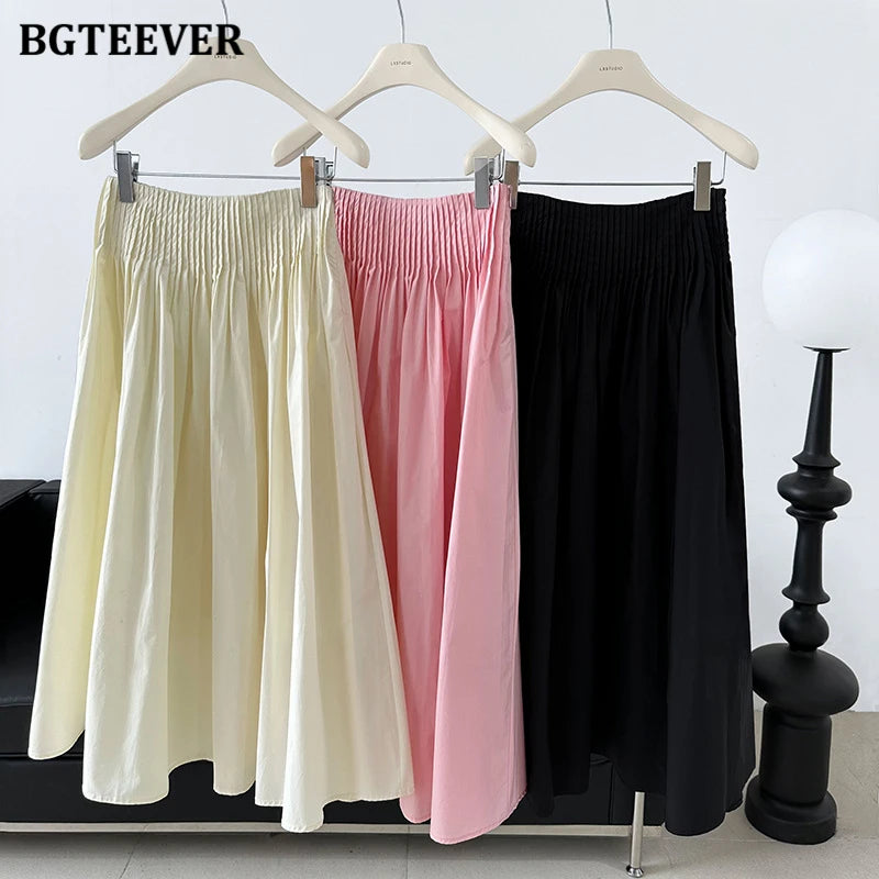 BGTEEVER Spring Summer Elastic Waist Ladies A-line Skirts Stylish Loose Women Pleated Skirts