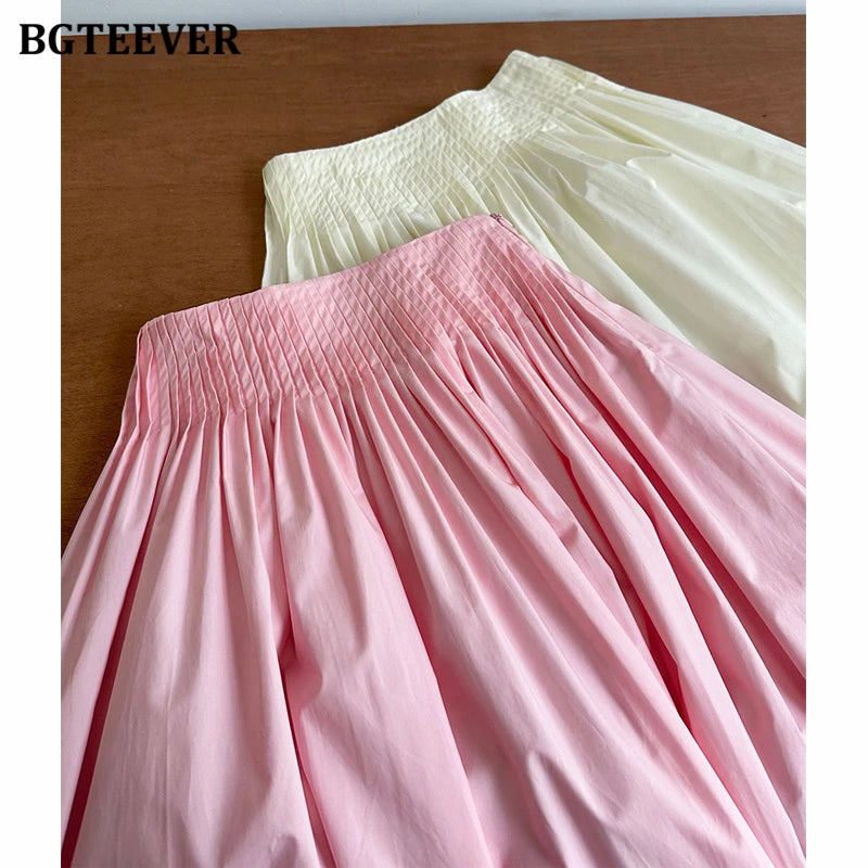BGTEEVER Spring Summer Elastic Waist Ladies A-line Skirts Stylish Loose Women Pleated Skirts